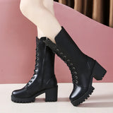 Fligmm and Winter New Women's Mid-calf Boots Black Thick Heel Size 35-41 Motorcycle Boots Women 7cm High Heel Goth Boots Shoes