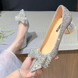 Fligmm Crystal Bowknot Pumps Women 2024 New Thick Heels Rhinestone Wedding Party Shoes Woman Gold Silver Sequin Pointed Toe Pumps