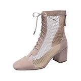 Fligmm Fashion Women Knee-length Boots Square Heel Zipper Sexy Lace Mesh Boots Summer Cool Boots Breathable Women's Shoes Botas