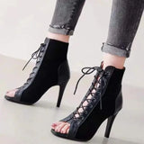 Fligmm Hollowed Mesh Heels Belt Buckle Women's Summer Beige Lace-up Sexy Open Toe Boots Stiletto Jazz Dance Party Ladies Shoes