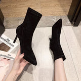 Fligmm Luxury Women Beige Black Sock Boots Stiletto Thin High Heels Elastic knitting Boots Winter Stretch Fabric Boots Plus Size