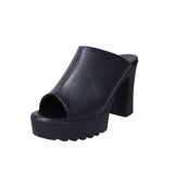 Fligmm Women Sexy Cute High Heels Mules Black Open Toe Platform Mules Ladies Leather Sole Slippers Femal Slip On Sandals Shoes Womens