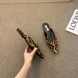 Fligmm Women Slippers Pointed Toe Leopard Design Shallow Slip on Thin Low Heels Black Flock Design Casual Mules Loafers Black Outdoor