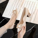 Fligmm Spring and Autumn Women's High Heels Pearl Chain Decorative Pointed Thin Heel Shoes Temperament Versatile High Heels 34-42