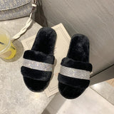 Fligmm Luxury Rhinestone Women Warm Fur Slippers Cozy Fluffy Furry Slides Crystal Flat Indoor Design Home Shoes Ladies 43