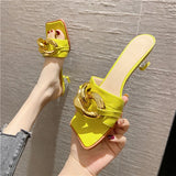 Fligmm Woman Slippers Sandals Heels Shoes Female Metal Chain Slides Ladies Mules Summer Chaussure Femme New Women Shoes