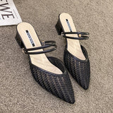 Fligmm Bead Slippers Casual Square heel Shoes Women Heels Pointed Toe Slides Med Pantofle Luxury Block High Cover 2024 PU Spring