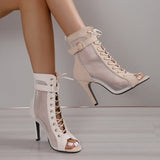 Fligmm Hollowed Mesh Heels Belt Buckle Women's Summer Beige Lace-up Sexy Open Toe Boots Stiletto Jazz Dance Party Ladies Shoes