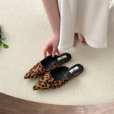 Fligmm Women Slippers Pointed Toe Leopard Design Shallow Slip on Thin Low Heels Black Flock Design Casual Mules Loafers Black Outdoor