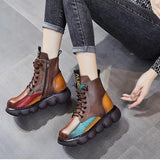 Fligmm Autumn Mixed Color Shoes Women Boot Fashion Round Toe Lace Up Retro Handmade Casual Platform Ankle Boots Ladies Short Boots