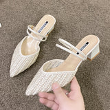 Fligmm Bead Slippers Casual Square heel Shoes Women Heels Pointed Toe Slides Med Pantofle Luxury Block High Cover 2024 PU Spring