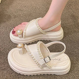 Fligmm for Women 2024 New Summer Women's Sandals Summer String Bead Mid Heel Water Proof Open Toe One Word Buckle Shoes Women