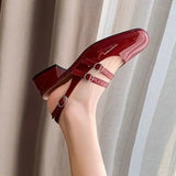 Fligmm Red Mary Jeans Woman Patent Leather Med-High Heels Sandals Two Buckle Belt Strap Shoes Femme Slingback Lolita Footwear