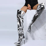 Fligmm Women Boots Mirror Platform Pointy Toe  High Thin Heels Over The Knee Long Boots Autumn Winter Zip Silver Casual Party Shoes New