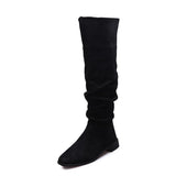 Fligmm Pleated Boots Women Black Nude Faux Suede Flock Knee High Boot Ladies Flat Autumn Winter Dress Shoe 43 Solid Slip on Botas