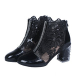 Fligmm Sexy Black Mesh Embroider Ankle Boots for Women Summer 2024 Crystal Square Heels Boots Woman white Lace Short Botas mujer