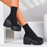 Fligmm Women's Knitting Chunky Platform Ankle Boots Black Wedges High Heels Sock Boots for Women Plus Size Thick Bottom Gothic Shoes