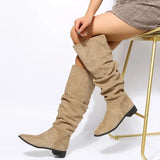 Fligmm Pleated Boots Women Black Nude Faux Suede Flock Knee High Boot Ladies Flat Autumn Winter Dress Shoe 43 Solid Slip on Botas