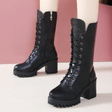 Fligmm and Winter New Women's Mid-calf Boots Black Thick Heel Size 35-41 Motorcycle Boots Women 7cm High Heel Goth Boots Shoes