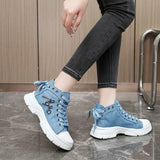 Fligmm New Women Plus Sizes Sneakers High Top Female Denim Canvas Shoes Thick Sole Girls Students Ankle Canvas Boots Lace Up