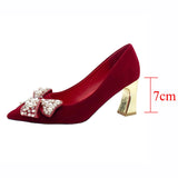 Fligmm Elegant Ladies Red Silk Wedding Bride Shoes Pearl Bowknot Pointed Toe Pumps Women Sexy Party Dress High Heels Shoes Woman