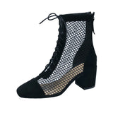 Fligmm Fashion Women Knee-length Boots Square Heel Zipper Sexy Lace Mesh Boots Summer Cool Boots Breathable Women's Shoes Botas