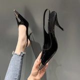 Fligmm High Heels Women Shoes Pointed Metal Toe 2024 New Patent Leather Pumps Sandals Shoes Temperament Black 6/9cm Heels Women