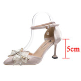 Fligmm Sexy Thin Heels Ankle Strap Pumps Women Lace Bowknot Wedding Party Shoes Woman Elegant Pointed Toe Silk High Heels Shoes