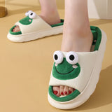 Fligmm Cute Frog Home Slippers for Women Thick Sole Non Slip House Shoes Woman Cotton Linen Couple Indoor Slippers Funny Slides