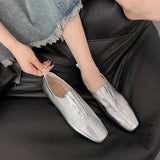 Fligmm Women Flat Shoes Genuine Leather Sheepskin Comfort Flats Slip On Silver Beige Simple Shoes Spring Autumn Soft Loafers Square Toe