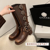 Fligmm Combat Boots Zip Chuny Heel Buckle Vintage Fashion Casual Luxury Designer Western Mid Calf Boots Shoes Woman