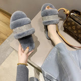 Fligmm Luxury Rhinestone Women Warm Fur Slippers Cozy Fluffy Furry Slides Crystal Flat Indoor Design Home Shoes Ladies 43