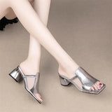 Fligmm Pu Leather Comfortable Slippers Silver Thick Heels Female Low-heeled Sandals Summer Half Slippers Casual Shoes 34-42 Slides