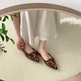 Fligmm Women Slippers Pointed Toe Leopard Design Shallow Slip on Thin Low Heels Black Flock Design Casual Mules Loafers Black Outdoor