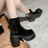 Fligmm Fashion Women Chunky High Heels Ankle Boots Patent Leather Gothic Platform Shoes Woman Autumn Winter Black Punk Botas Mujer