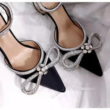 Fligmm Leather High Heels Party Prom Shoes Glitter Rhinestones Women Pumps Crystal Bowknot Satin Summer Lady Shoes