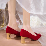 Fligmm Elegant Ladies Red Silk Wedding Bride Shoes Pearl Bowknot Pointed Toe Pumps Women Sexy Party Dress High Heels Shoes Woman