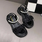 Fligmm Shoes for Women Pearl Sandals Suit Female Beige Increasing Height Block Heels All-Match Black Bow 2024 Fashion Chunky Gi