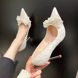 Fligmm Ladies Sexy Stiletto Heel Pearl Wedding Shoes Bride Thin High Heels White Pumps Women 2024 Pointed Toe Dress Party Shoes