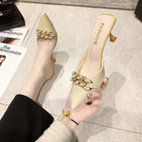 Fligmm New Snake Print Woman Pumps Slipper Fashion Gold Chain Sandal Shoes Ladies Pointed Toe Slip on Mules Thin Low Heels Slides