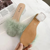 Fligmm Fluffy Peep Toe Sexy High Heels Women Shoes Fur Feather Lady Fashion Wedding Slip-On Pink Square Sandals Tacones Mujer