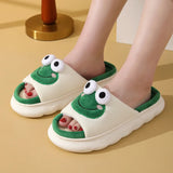 Fligmm Cute Frog Home Slippers for Women Thick Sole Non Slip House Shoes Woman Cotton Linen Couple Indoor Slippers Funny Slides