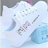 Fligmm Women Sneakers Fashion Breathble Vulcanized Shoes Pu Cute Cat Cartoon Lace Up Casual White Women Shoes Zapatos De Mujer Female