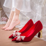 Fligmm Elegant Ladies Red Silk Wedding Bride Shoes Pearl Bowknot Pointed Toe Pumps Women Sexy Party Dress High Heels Shoes Woman