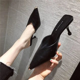 Fligmm 2024 Black Slides Mules Women's Slippers and Ladies Sandals 5cm High Heel Shoes Pu Leather Pointed Toe Casual Slippers