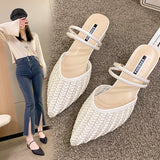 Fligmm Bead Slippers Casual Square heel Shoes Women Heels Pointed Toe Slides Med Pantofle Luxury Block High Cover 2024 PU Spring