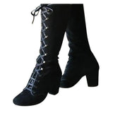 Fligmm Black boots women Shoes knee high Women Casual Vintage Retro Mid-Calf Boots Lace Up Thick Heels Shoes