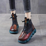 Fligmm Autumn Mixed Color Shoes Women Boot Fashion Round Toe Lace Up Retro Handmade Casual Platform Ankle Boots Ladies Short Boots