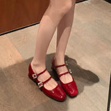 Fligmm New Spring Korea Flats Fashion Mary Jane Shoes Square Toe Women's Shoes Retro Rhinestone Buckle PU Red Black Women Pumps