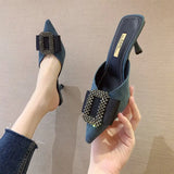 Fligmm Half Slipper Clogs Shoe Women Pointed Toe Stiletto High Heels Korean All-match Pumps Luxury Square Rhinestone Mules Shoes